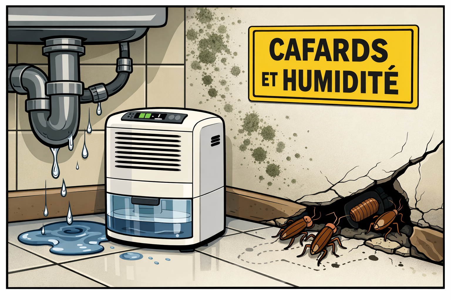 Coin de maison humide (cuisine/salle de bain) montrant fuite, déshumidificateur, cafards et label "CAFARDS ET HUMIDITÉ"