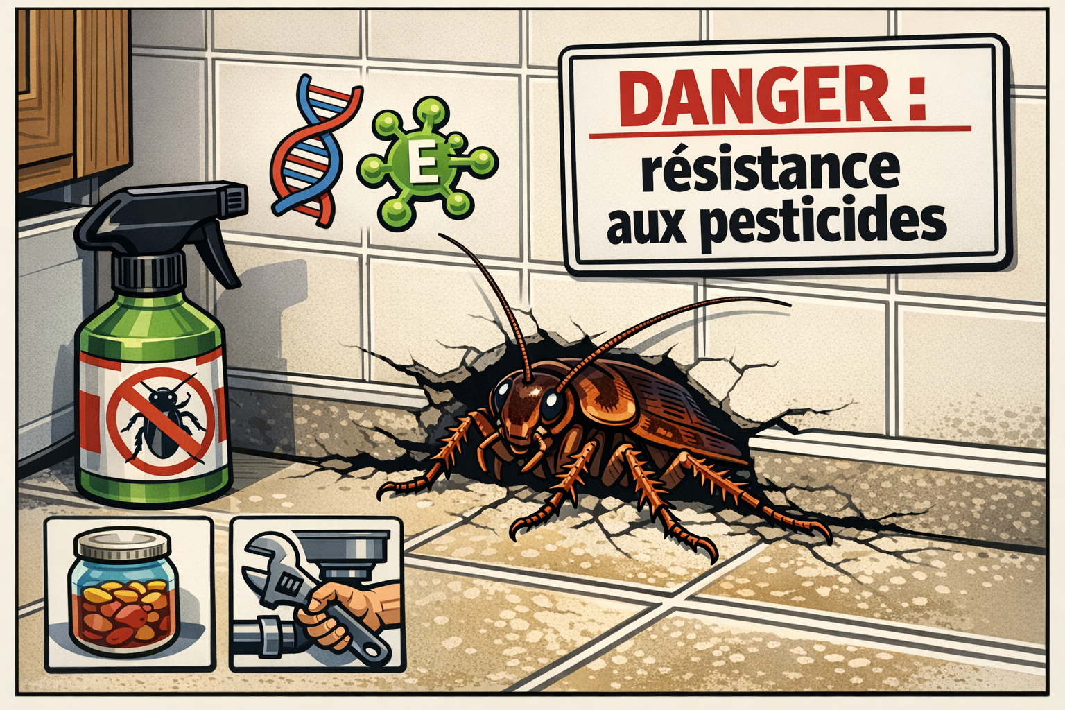Coin de cuisine vectoriel montrant un cafard détaillé sortant d'une fissure, icônes de résistance et panneau DANGER