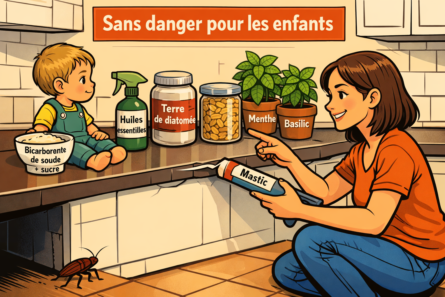 Cuisine familiale vectorielle montrant des remèdes naturels et un panneau Sans danger pour les enfants