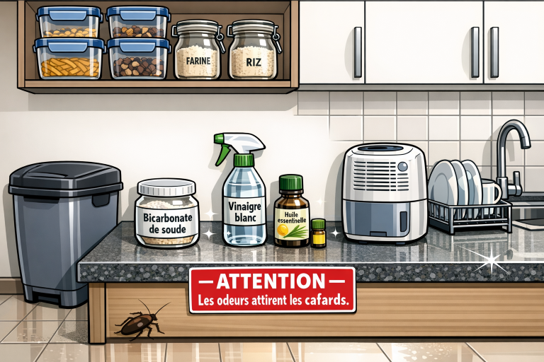 Cuisine propre avec contenants hermétiques, bicarbonate, vinaigre, déshumidificateur, panneau d'avertissement en français