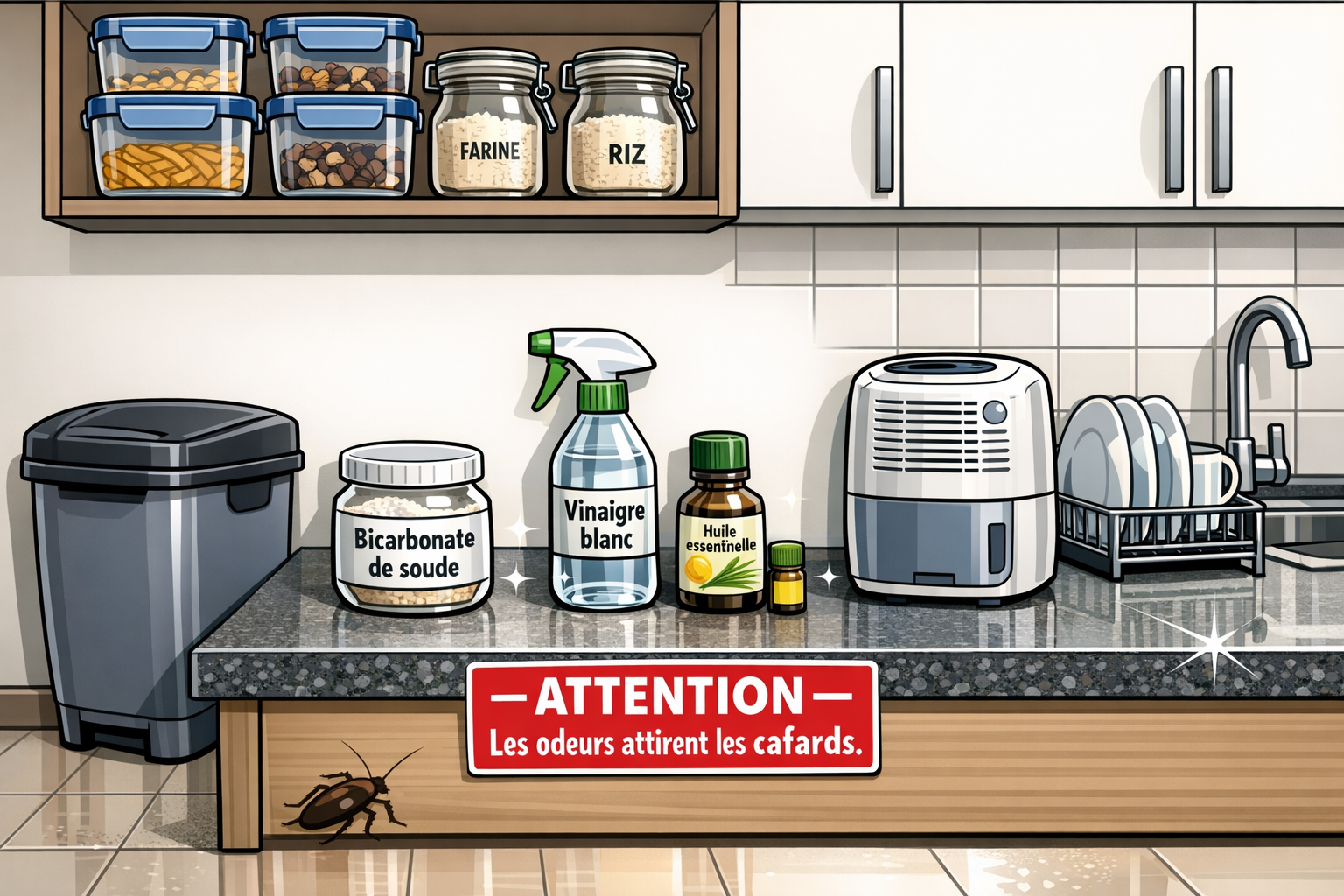Cuisine propre avec contenants hermétiques, bicarbonate, vinaigre, déshumidificateur, panneau d'avertissement en français
