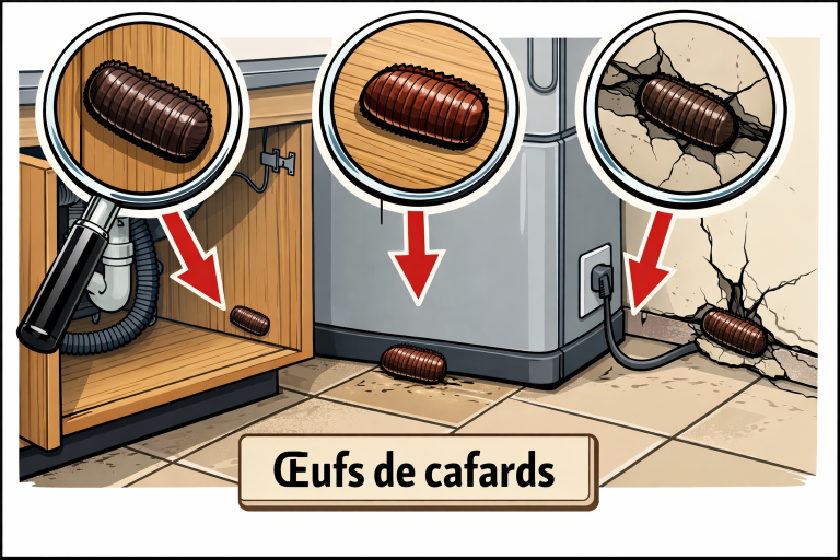 Vue en gros plan d’un coin de cuisine montrant des oothèques annotées, avec une étiquette Œufs de cafards