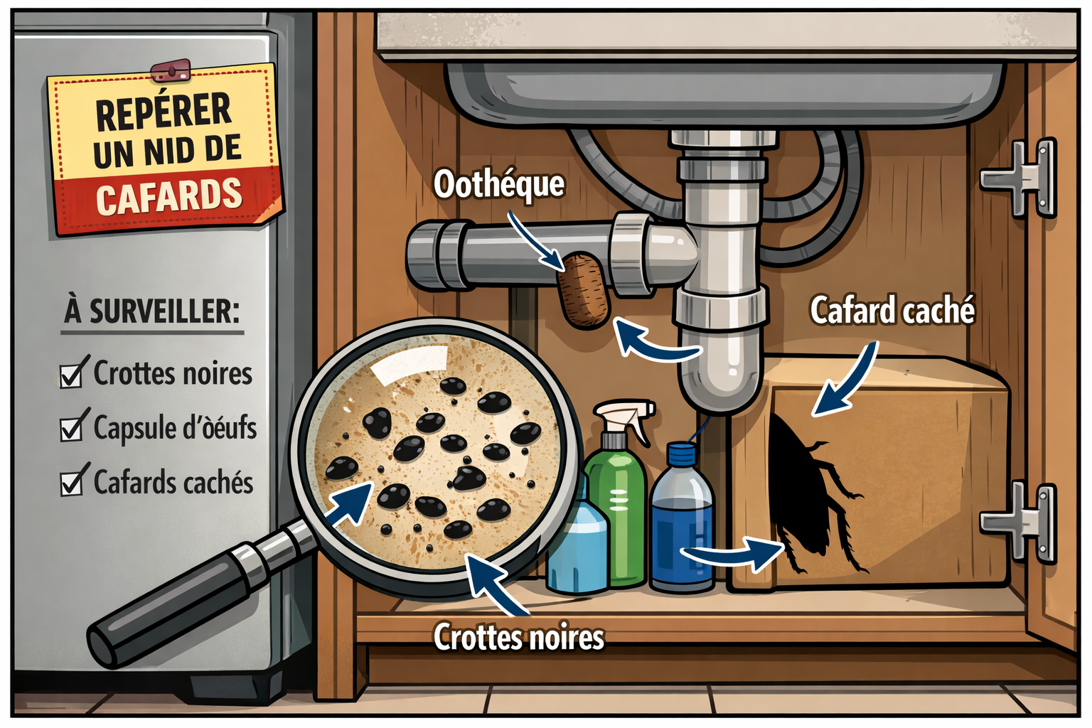 Coin de cuisine en coupe montrant excréments, oothèque, cafard caché, loupe et panneau indiquant REPÉRER UN NID DE CAFARDS