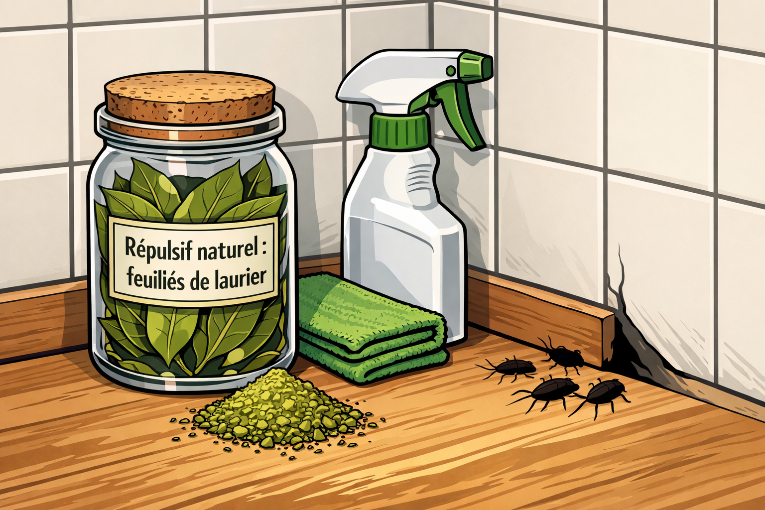 Coin de cuisine illustrant l'utilisation de feuilles de laurier comme répulsif, avec étiquette en français sur un bocal