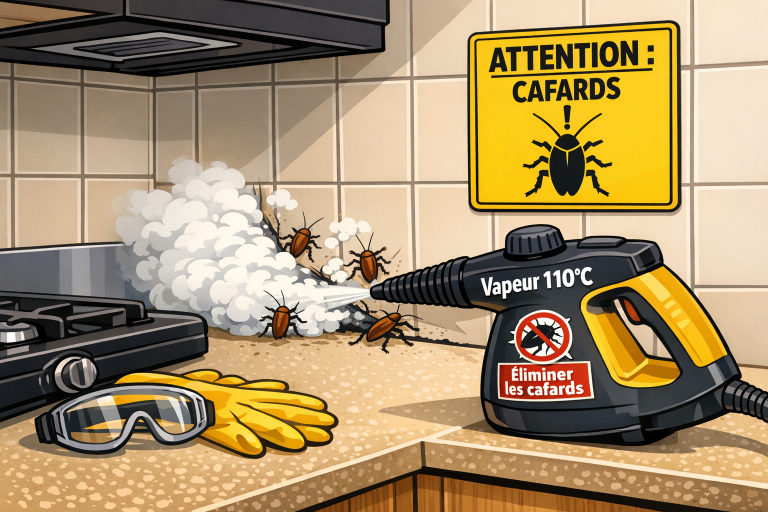 Illustration vectorielle d’une cuisine avec un nettoyeur vapeur ciblant des fissures où se trouvent des cafards, panneau ATTENTION : CAFARDS