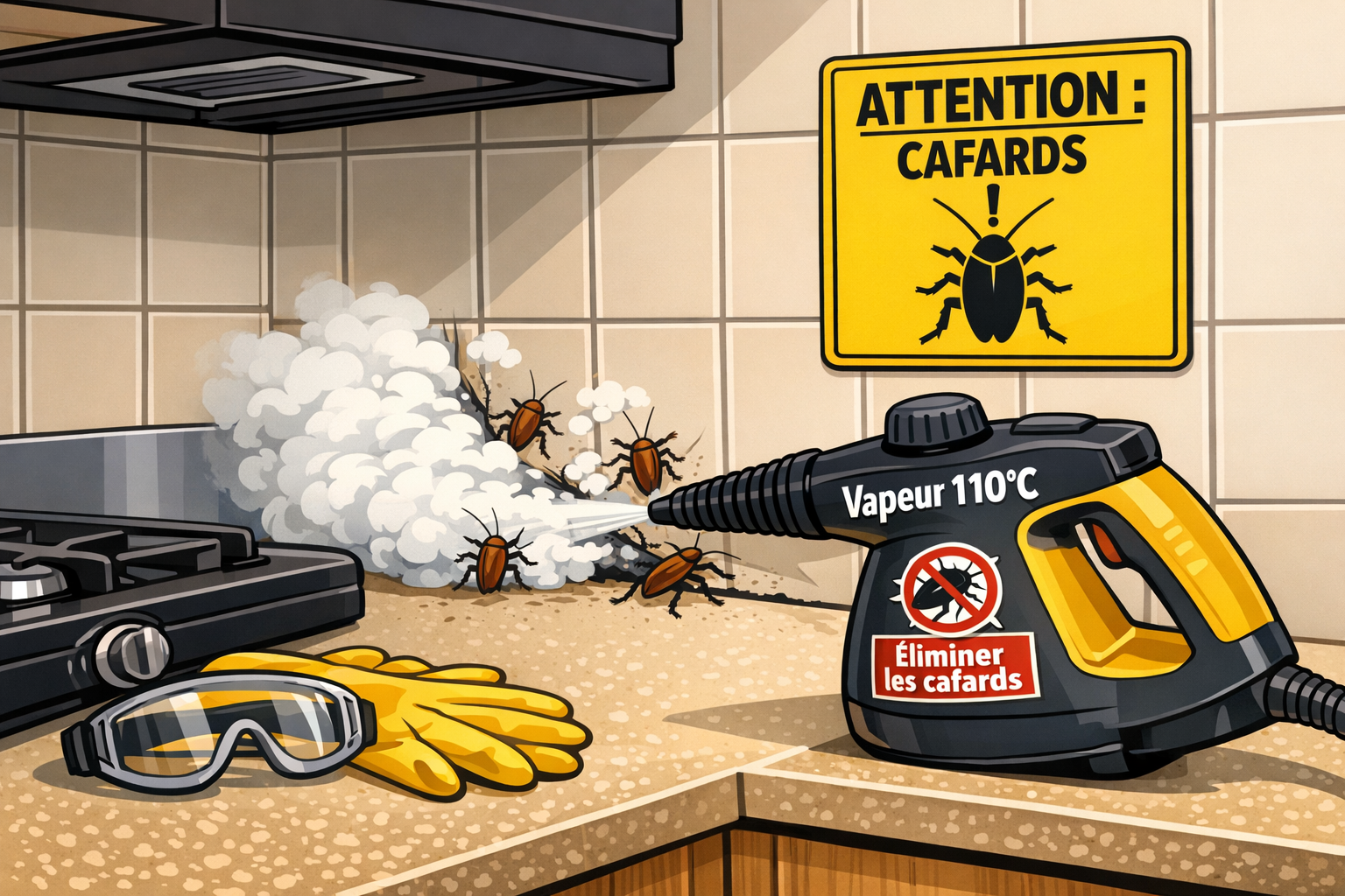 Illustration vectorielle d’une cuisine avec un nettoyeur vapeur ciblant des fissures où se trouvent des cafards, panneau ATTENTION : CAFARDS