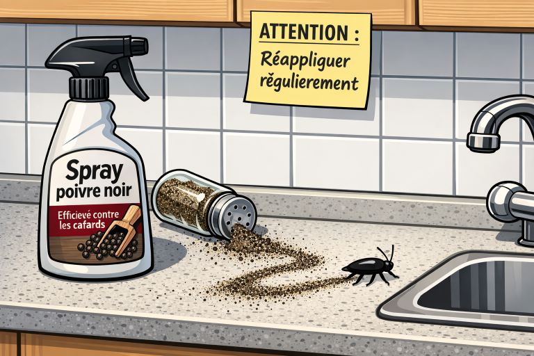 Coin de cuisine avec flacon spray étiqueté "Spray poivre noir" et cafard s'éloignant d'une traînée de poivre