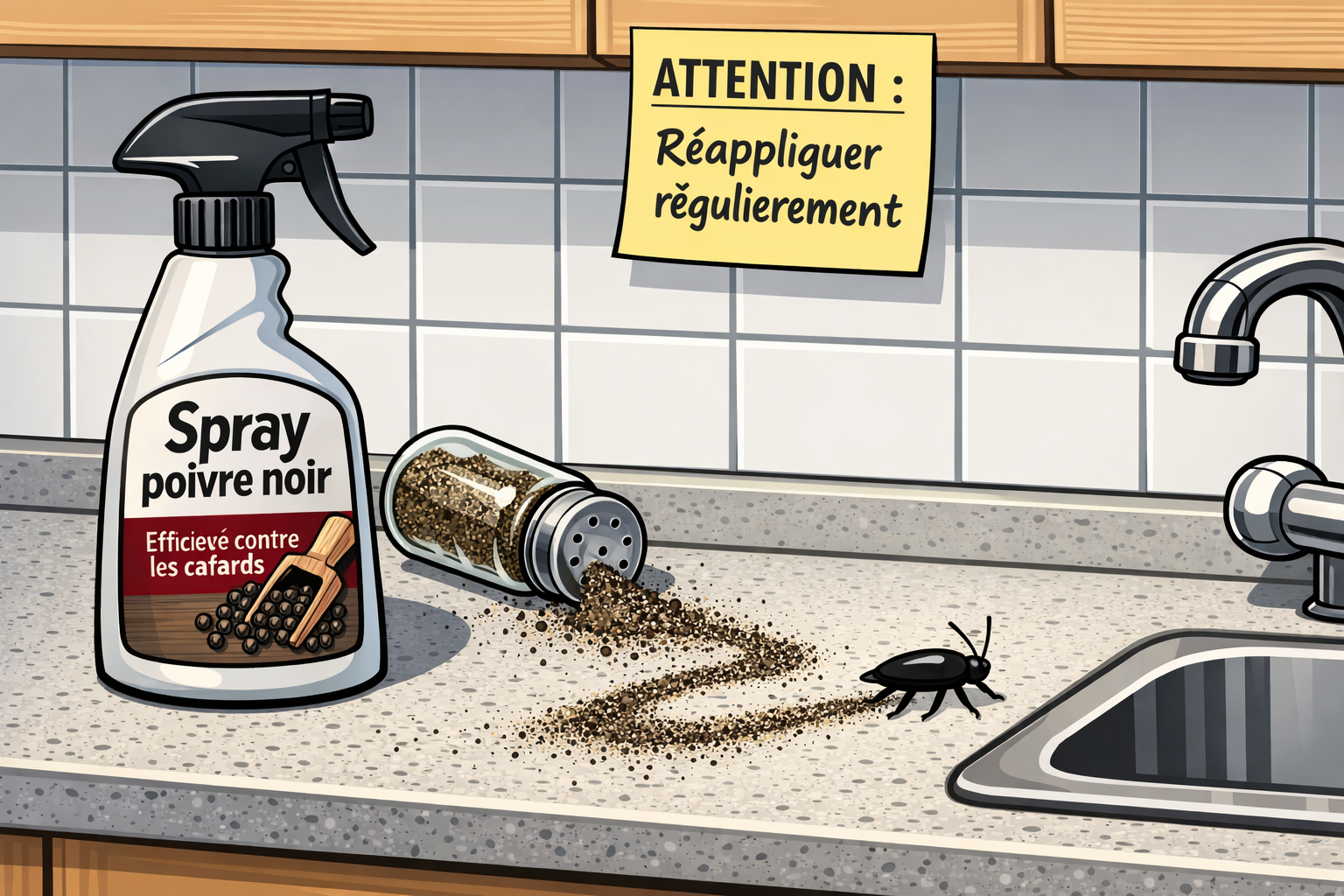 Coin de cuisine avec flacon spray étiqueté "Spray poivre noir" et cafard s'éloignant d'une traînée de poivre