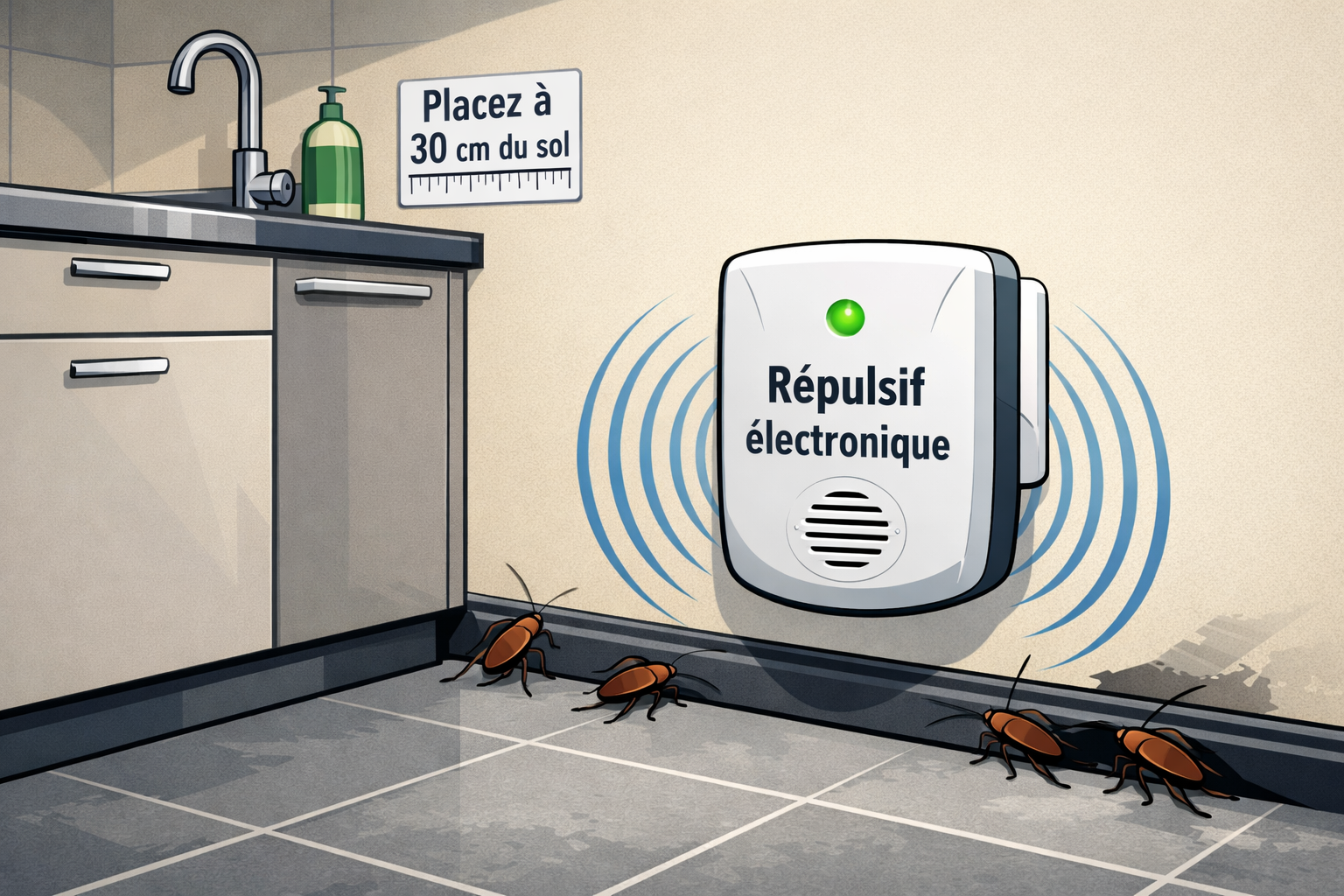 Un coin de cuisine avec un répulsif branché et des cafards s'éloignant, étiquette en français