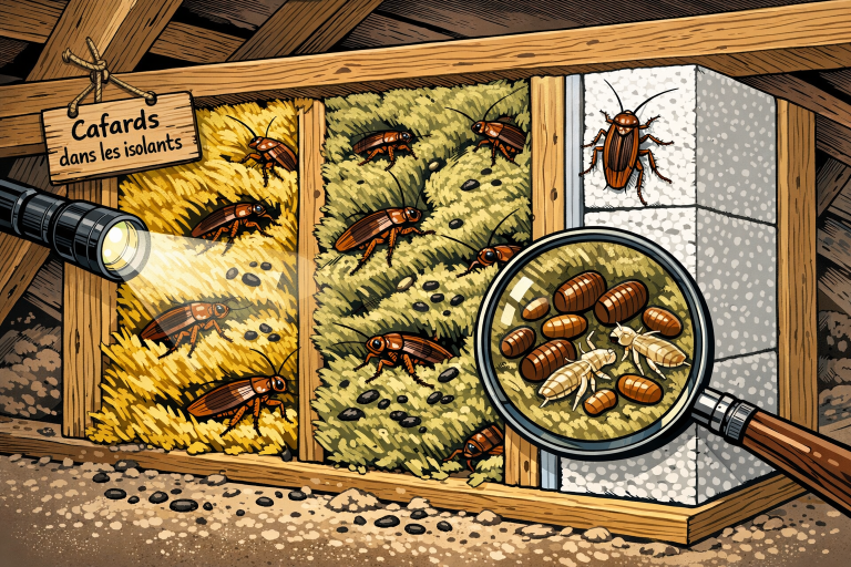 Vue en coupe d’un grenier montrant des couches d’isolant avec des cafards visibles, label avertissant Cafards dans les isolants