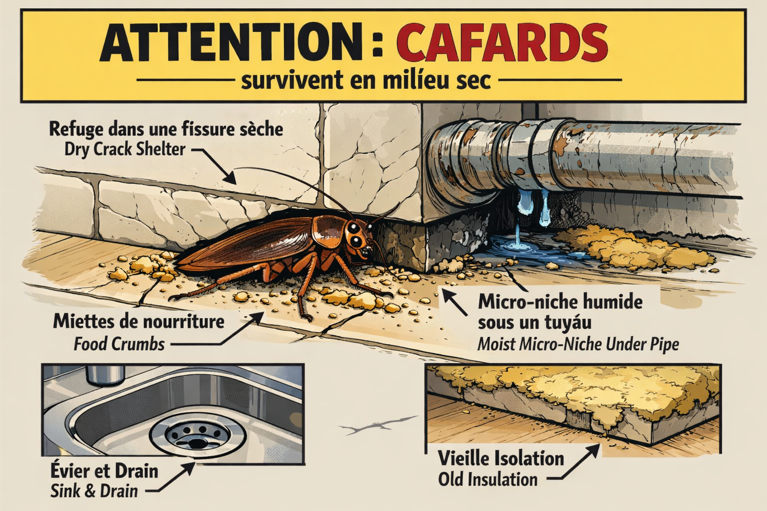 Coin de cuisine sec avec un cafard dans une fissure et un panneau ATTENTION en français