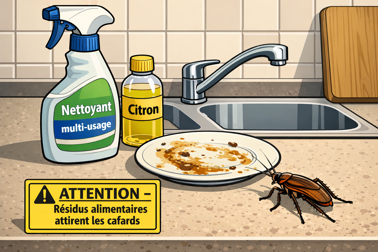 Cuisine vectorielle avec flacon nettoyant, résidu gras et un cafard près d'une étiquette ATTENTION