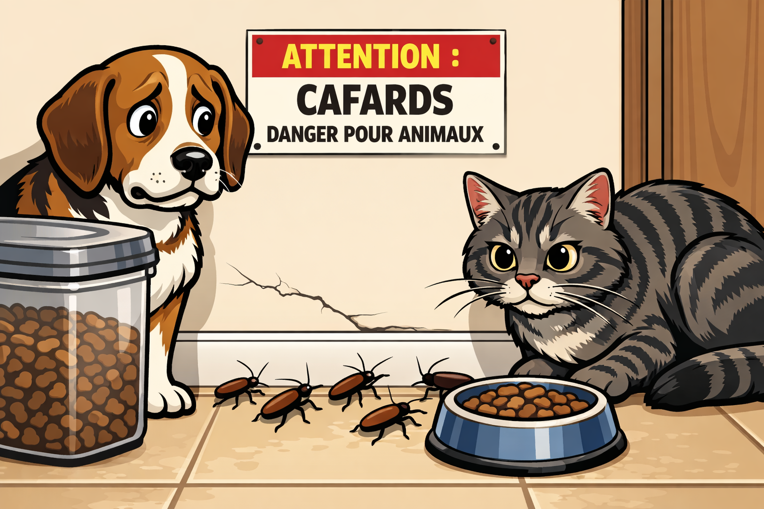 Chien et chat inquiets dans une cuisine avec cafards et panneau ATTENTION : CAFARDS — DANGER POUR ANIMAUX