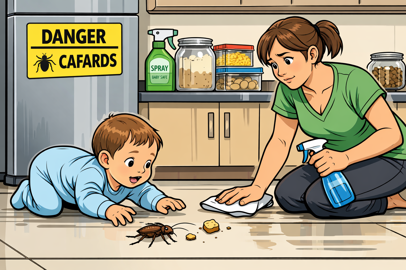 Bébé rampant près d’un cafard sur le sol de la cuisine, parent nettoyant, panneau DANGER : CAFARDS
