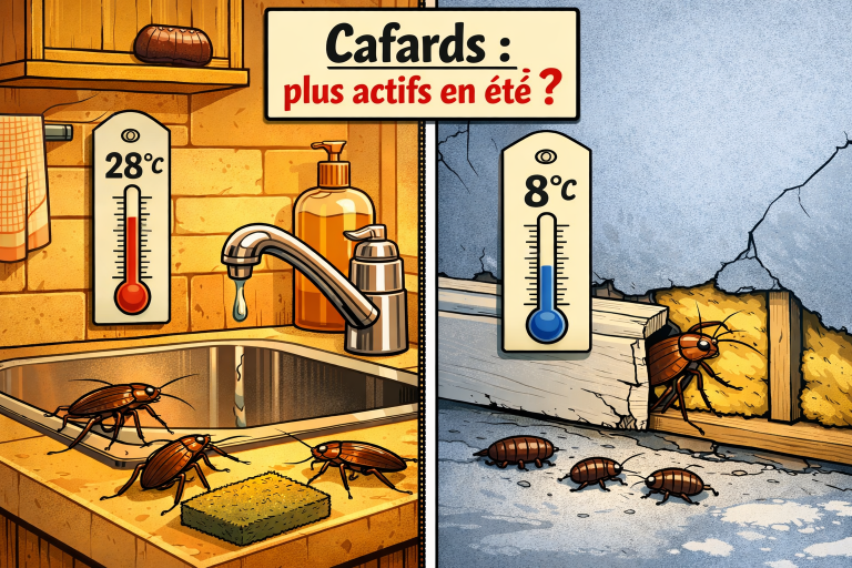 Scène intérieure divisée été/hiver montrant cafards actifs en été et cachés en hiver, avec un panneau indiquant Cafards : plus actifs en été ?