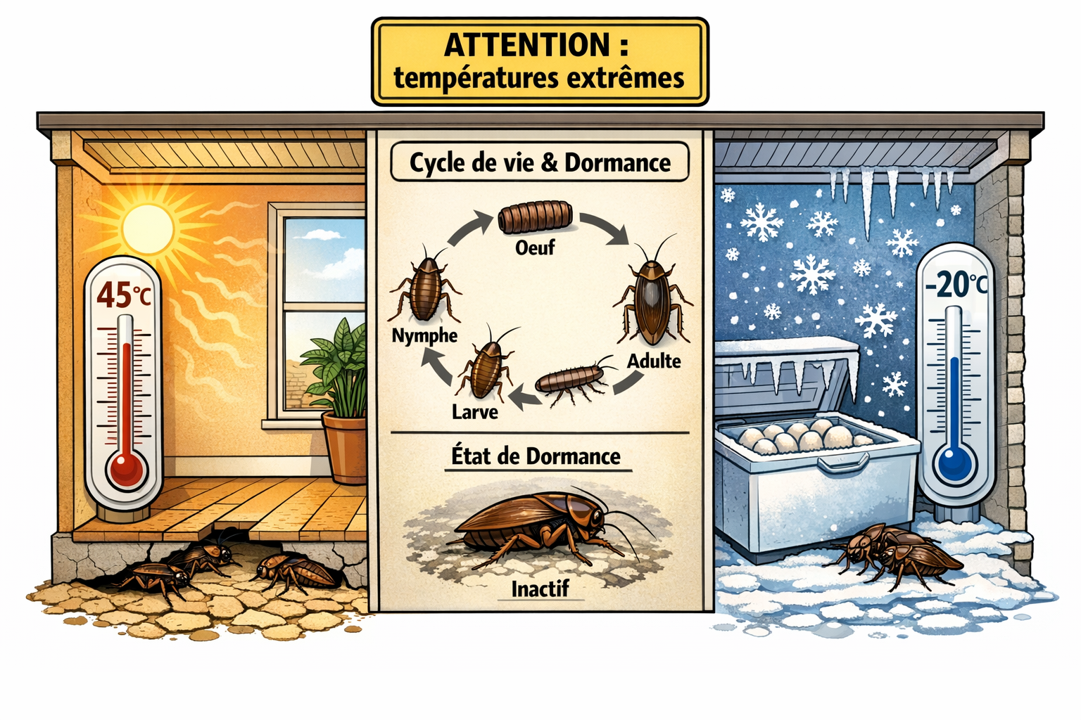 Coupe d’une maison montrant cafards face à chaleur (45°C) et froid (-20°C) avec panneau ATTENTION : températures extrêmes