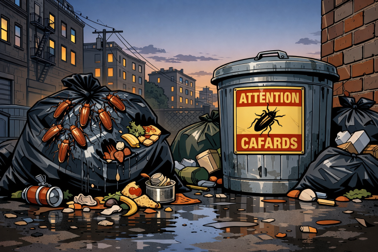 Coin de rue avec sacs poubelles déchirés, cafards visibles, panneau ATTENTION CAFARDS