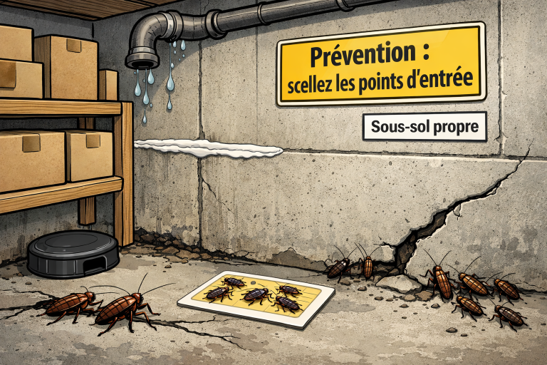 Vue en coupe d’un sous-sol avec cafards, zone humide, points scellés et panneau Prévention