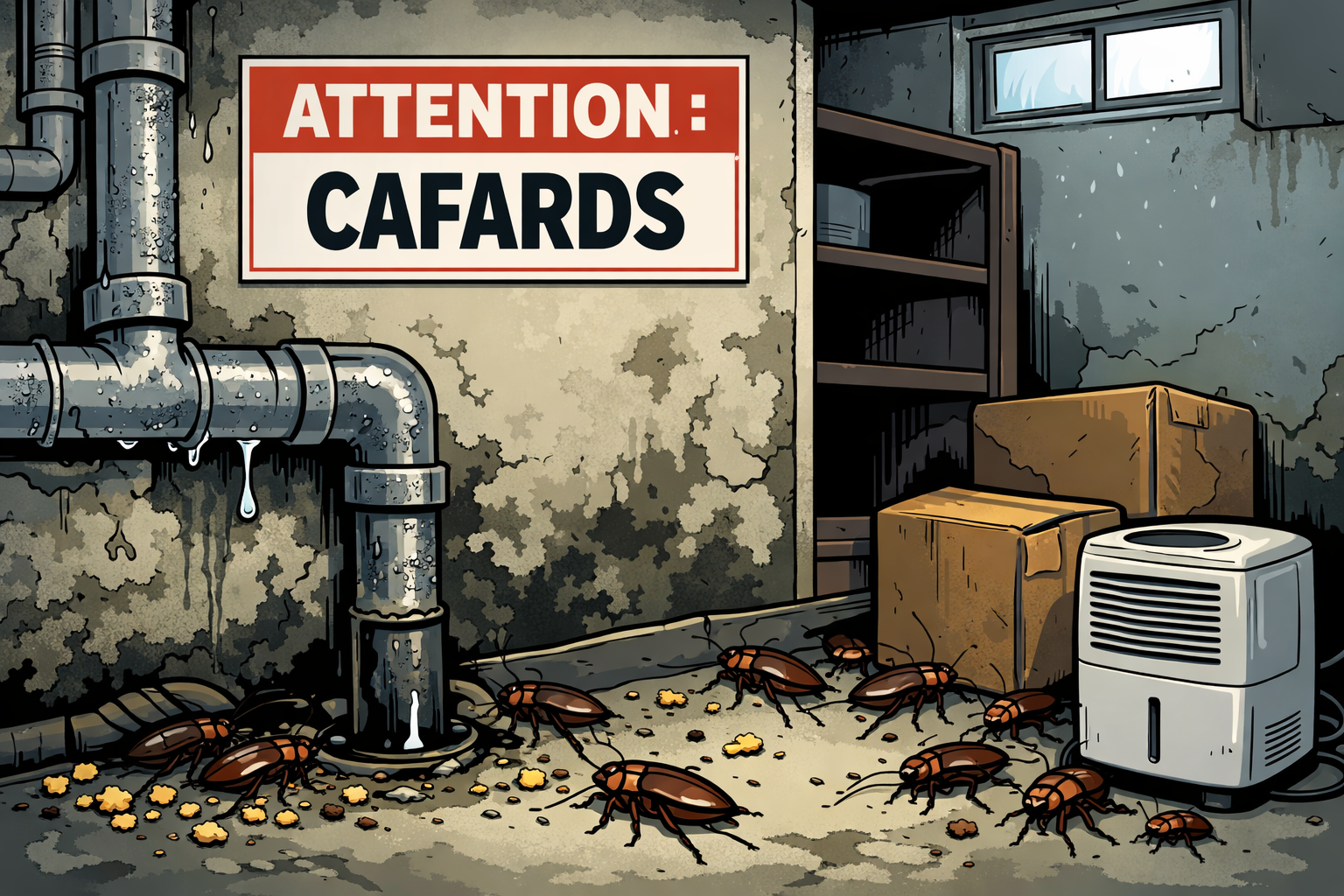 Coin sombre d'une cuisine/sous-sol avec des cafards près d'une canalisation qui fuit, panneau 'ATTENTION : CAFARDS'