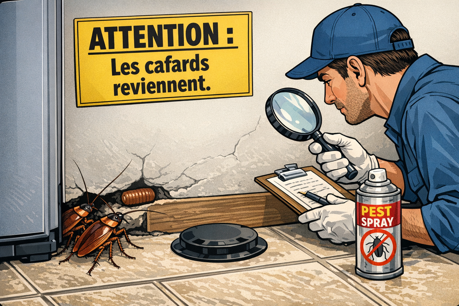 Coin de cuisine vectoriel montrant des cafards revenant, un technicien inspectant, et un panneau ATTENTION : Les cafards reviennent