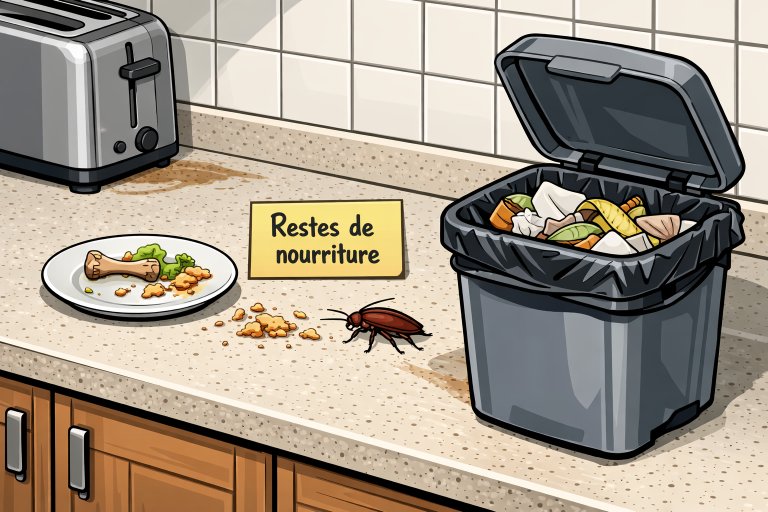 Coin de cuisine avec miettes, poubelle ouverte et un cafard approchant, note indiquant Restes de nourriture